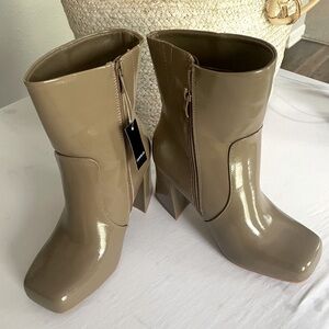 Torrid Glossy Taupe Square Toe Heeled Boots Size 9